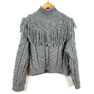 Zara Women’s S Gray Cropped Knit Sweater Pullover Chucky Fringe Turtleneck NWOT